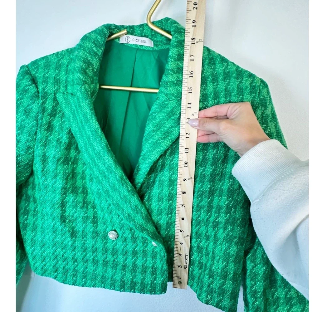 Cicy Bell Womens Green Cropped Tweed Blazer Skirt Set Suit M Tweed Houndstooth - Picture 5 of 12